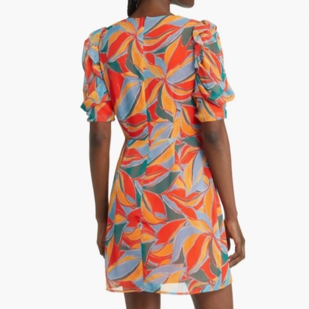 Adelyn Rae Pauline Puff Sleeve Blood Orange Multi Leaf Print Mini Dress. Size M. - Picture 6 of 16